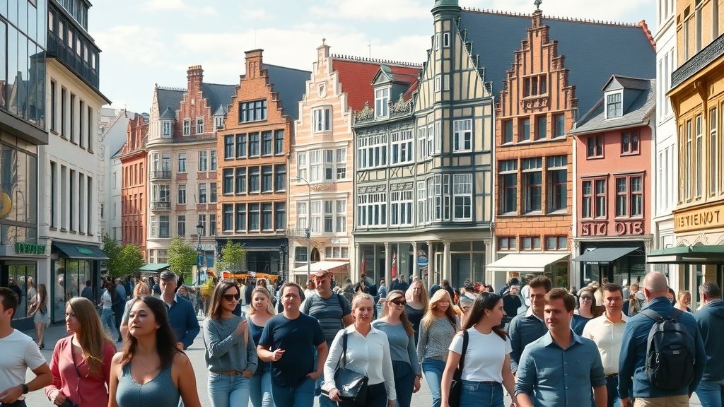 bustling Belgian urban landscape, diverse pedestrians, redeveloped city square, urbanization noorder kempen belgium