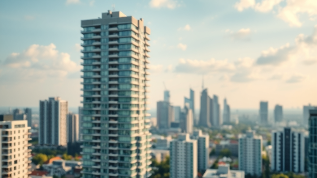 Betrouwbare vastgoedinvesteerder overweegt investering in modern appartementsgebouw met skyline en investeringsdocumenten | investeren in een appartement | natuurlijk licht, neutrale tinten, groene accenten, gefotografeerd met 50mm lens