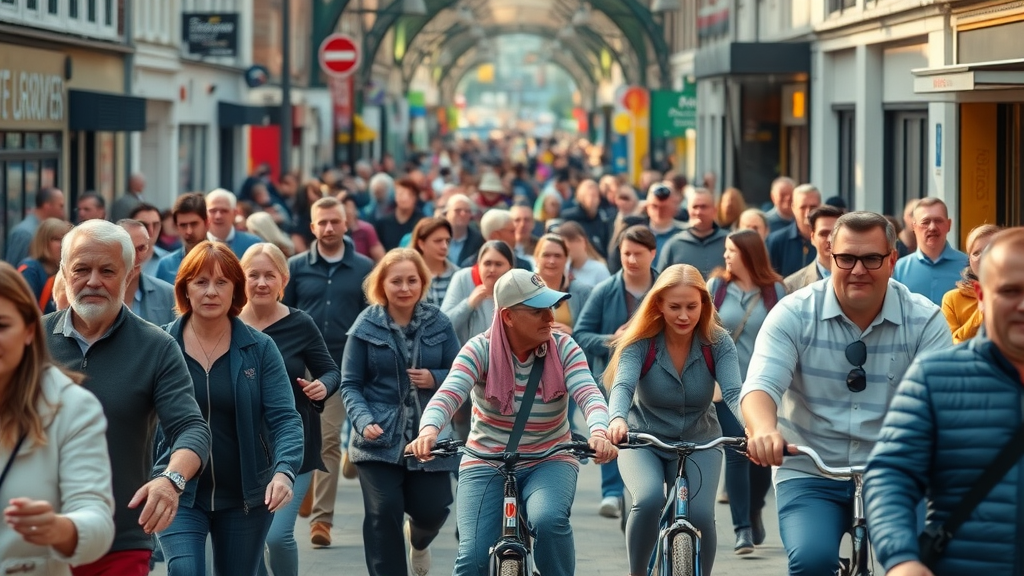 Lively urban morning street scene in Noorder Kempen showing public transport, cyclists, and commuters