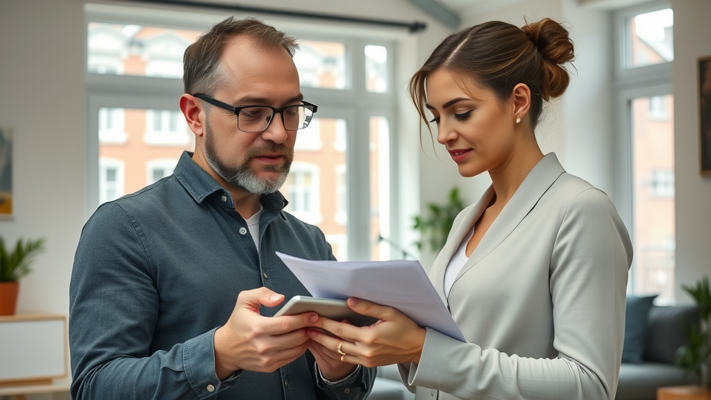 Zakelijk Vlaams koppel bespreekt hypotheken, analyseert woning kopen en huren in moderne woonkamer, calculators en papieren, Photorealistic High Fidelity Lifelike