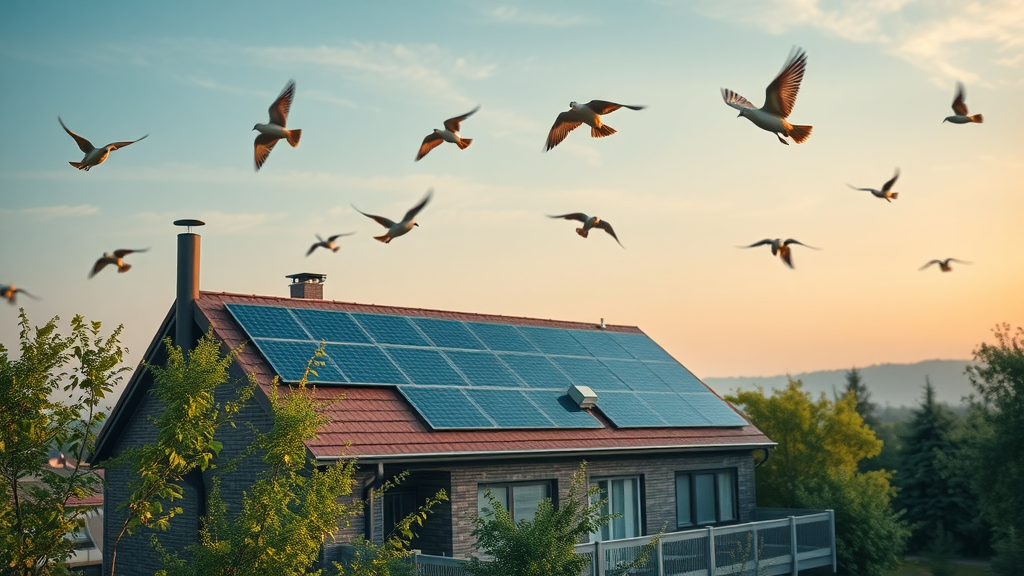 Duurzaam appartement met zonnepanelen, groene gevels, milieuvriendelijk wonen, blauwe en groene kleuren, ochtendzon, drone perspectief | energiezuinige woningen | groene technologie