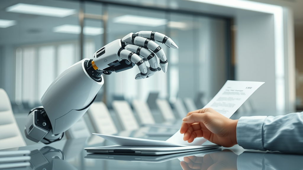 innovatie en mens zakelijke dienstverlening - samenwerking tussen robotarm en menselijke hand met digitale bedrijfsdocumenten